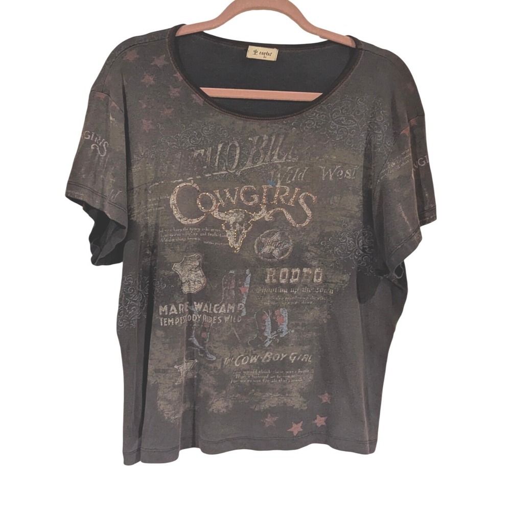 Cactus Graphic Tee 1X Gray Wild West Cowgirls Studded Western Boho Shirt